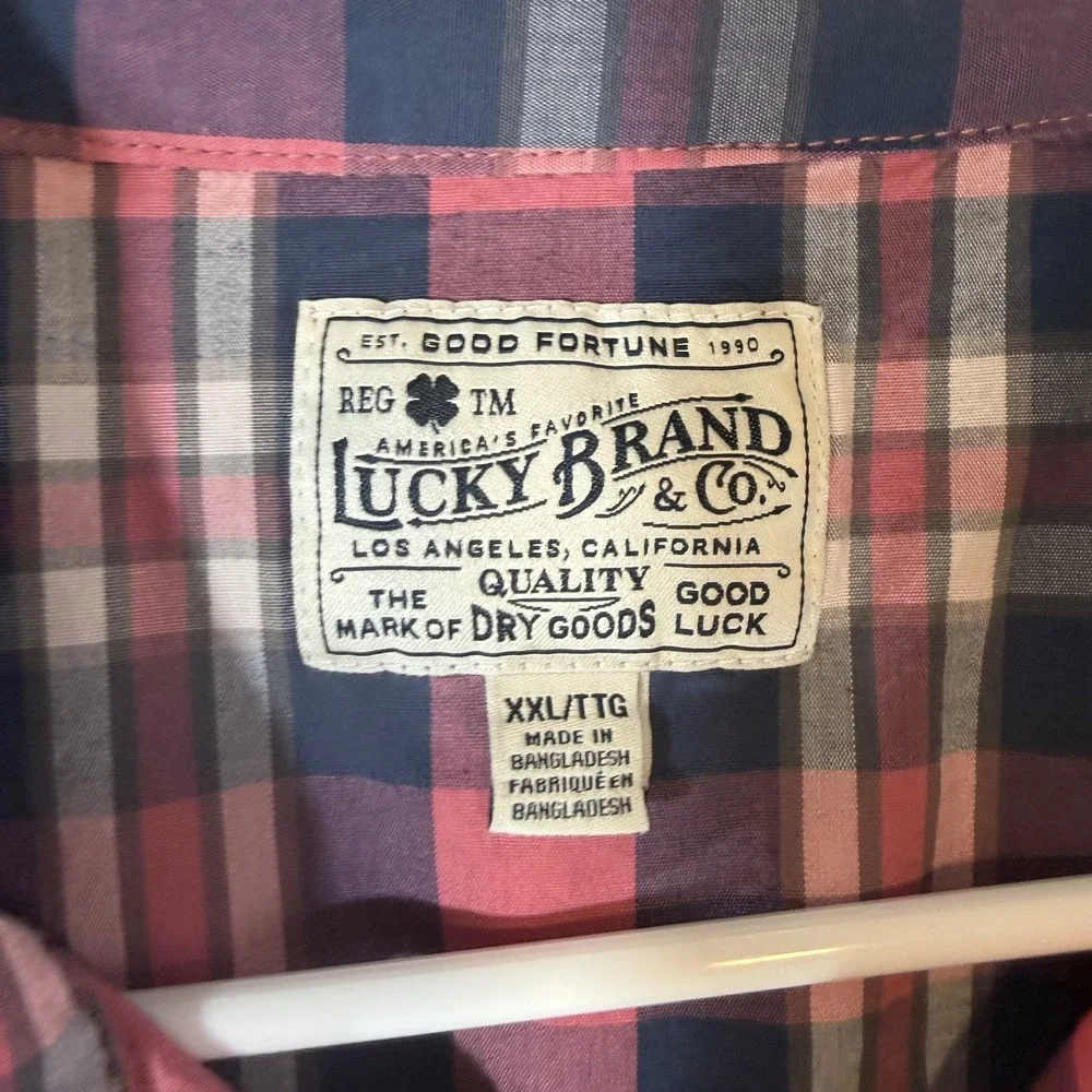Lucky Brand Mens XXL Pink Navy Plaid Short Sleeve Pearl Snap‎ Western Shirt Y2K